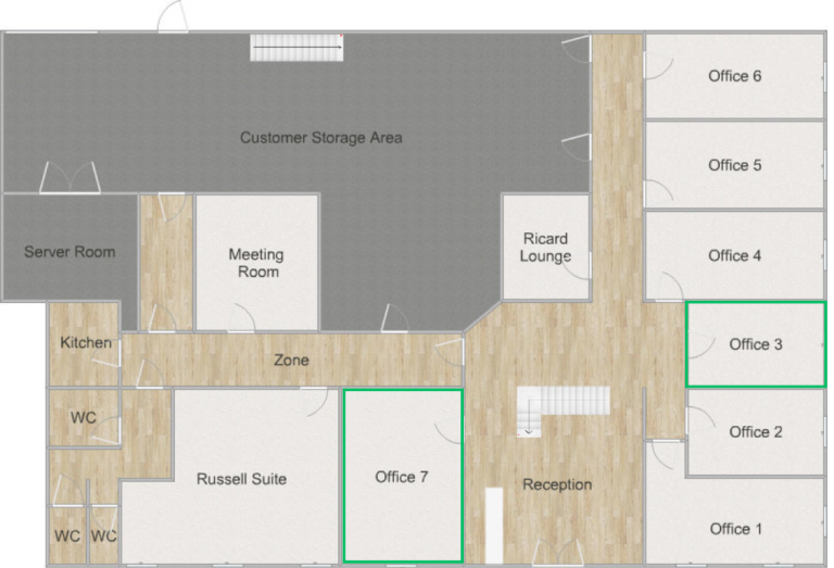 Ground floor floor plan of the offices at Obsidian Offices, highlighting offices that are available with a green outline.