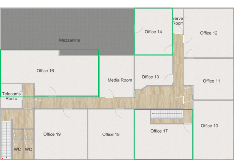 First floor floor plan of the offices at Obsidian Offices, highlighting offices that are available with a green outline.