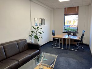 Flexible Workspace Solutions. This is a Small Office. These offices are suitable for between 2-4 people, fully serviced, furnished and ready to go. This room has been set up with 2 desks and a sofa and coffee table.