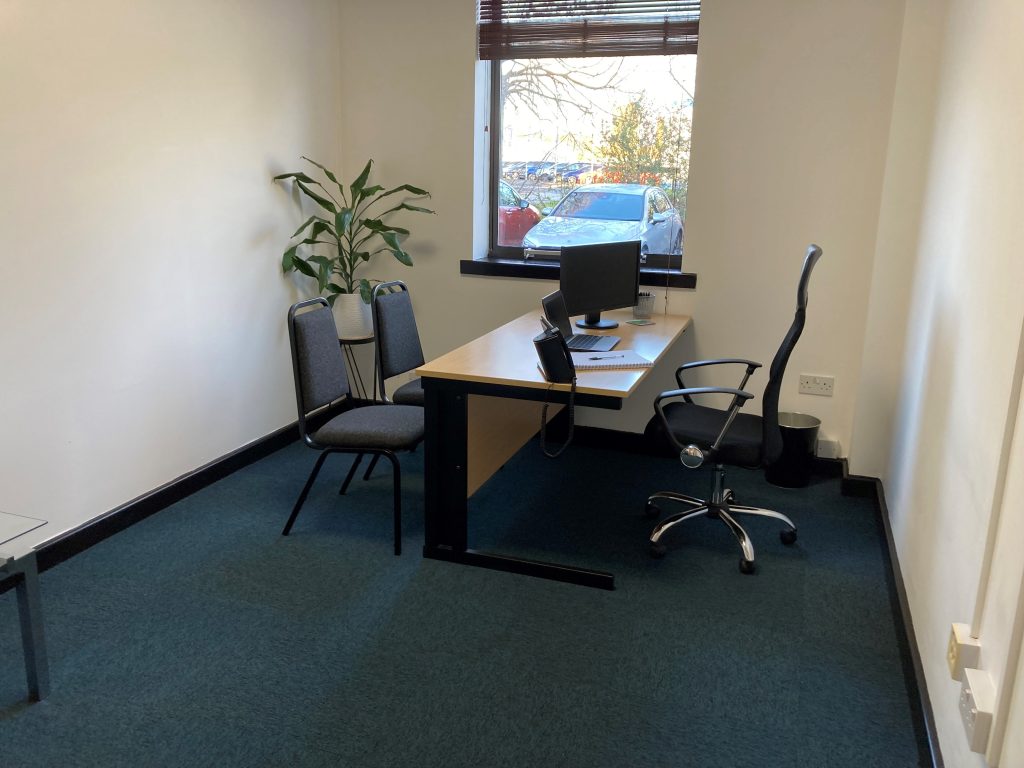 Flexible Workspace Solutions. this is a Starter Office and is suitable for 1 -2 people, fully serviced, furnished and ready to go. this office has been set up with one desk and 2 chairs for visitors. It also has an armchair and table out of shot.
