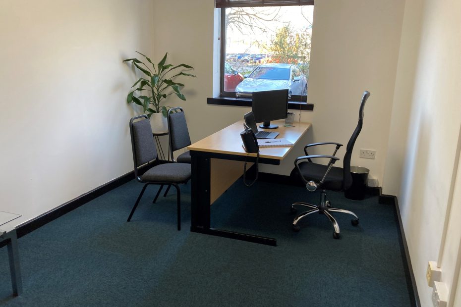 Flexible Workspace Solutions. this is a Starter Office and is suitable for 1 -2 people, fully serviced, furnished and ready to go. this office has been set up with one desk and 2 chairs for visitors. It also has an armchair and table out of shot.