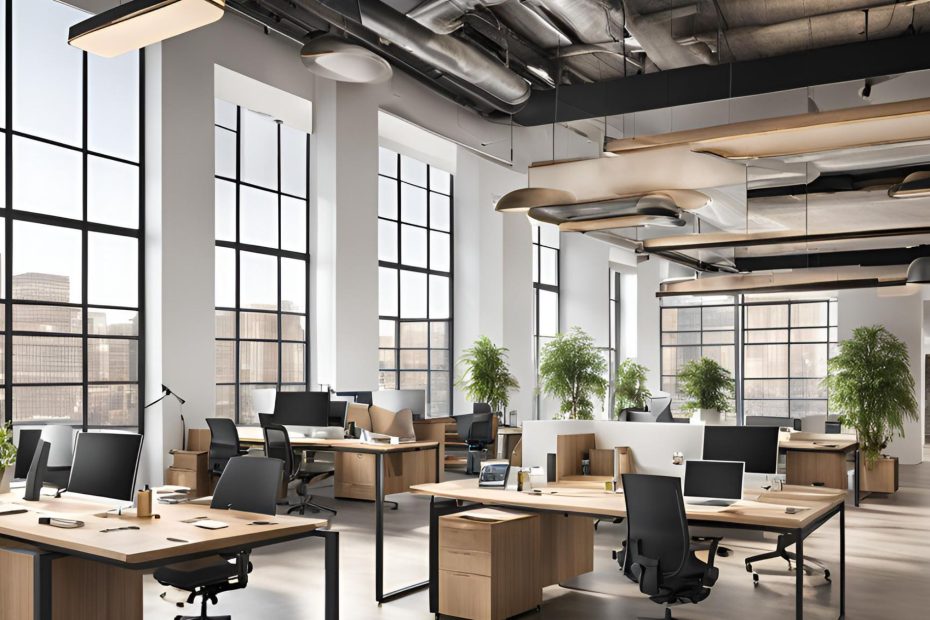 A sleek, modern office space featuring an open-concept coworking area with individuals working at desks, surrounded by large windows and abundant natural light. A few private offices in the background hint at the flexible options available in the space. This image visually represents the adaptability and professional environment that Scalable Office Solutions offer.