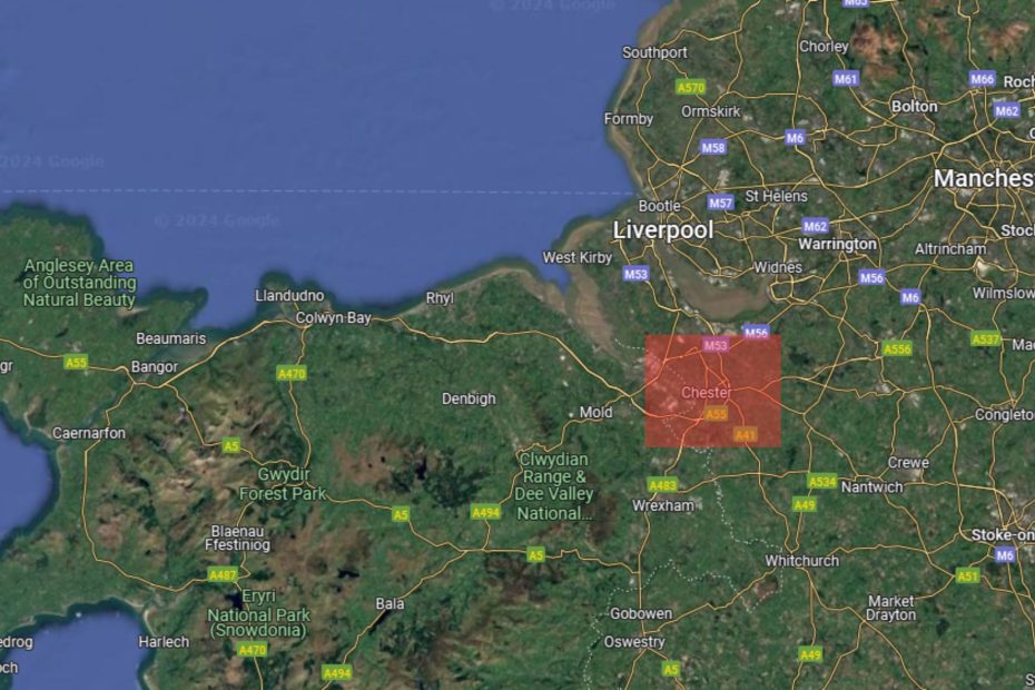 An satellite view of the North West, Chester is highlighted with a red square, you can see convenient routs to Liverpool, Manchester & North Wales. Business Benefits of setting up in chester