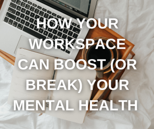 open laptop. diary and coffee cup on a small table on a bed ready to start work, learn how where you workcan affect your mental health